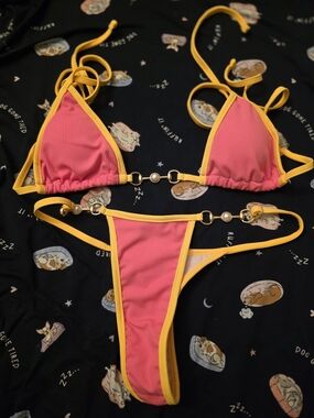 Pink and Yellow Ribbed Triangle Bikini Set - Women